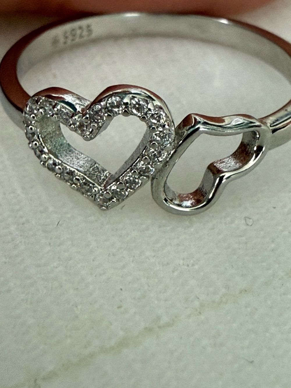 Italian Sterling Silver Double Heart Ring with Cubic Zirconia Accents - Silver 9